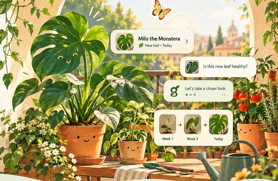 A sunny balcony with a smiling monstera, a timeline of its growth, and a chat asking whether a new leaf is healthy